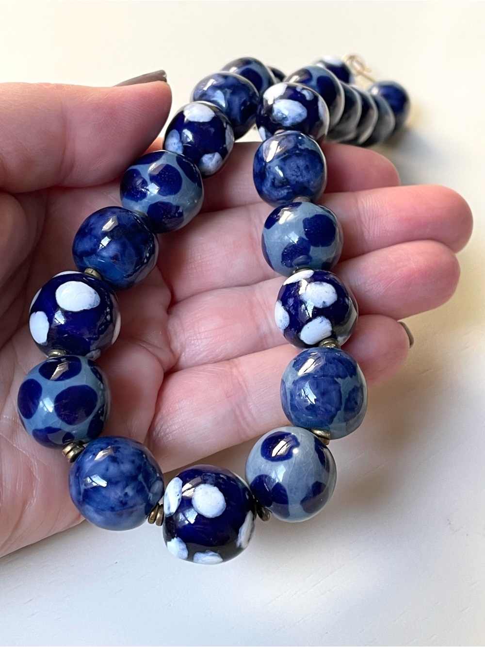 Vintage blue & white polka dotted ceramic ball choker necklace gumball